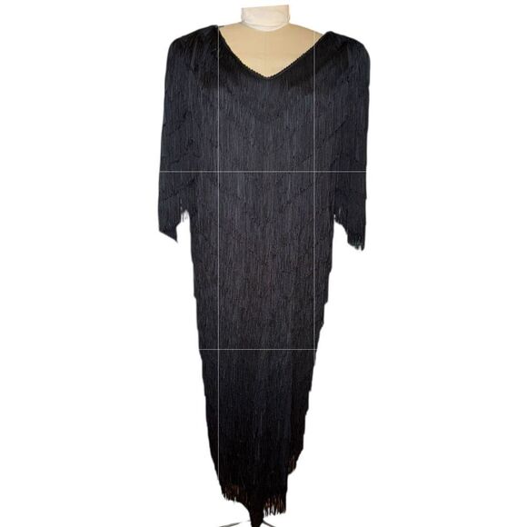 Chez California Vtg Fringe Cocktail Special Occasion Dress Black Sz. 22W Plus - Picture 1 of 5